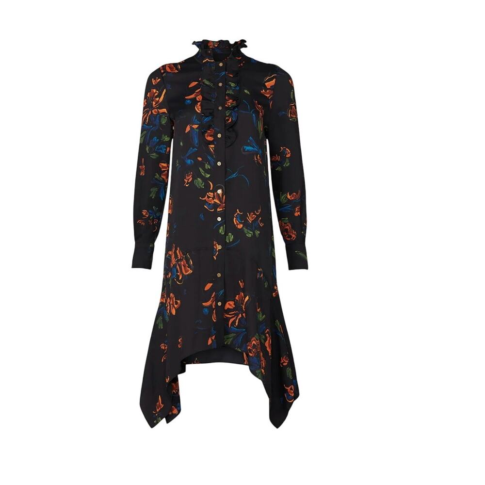 Tory Burch Black Floral Asymmetric Shirt Dress Size 0 Mini Career Designer $498 - Picture 5 of 11